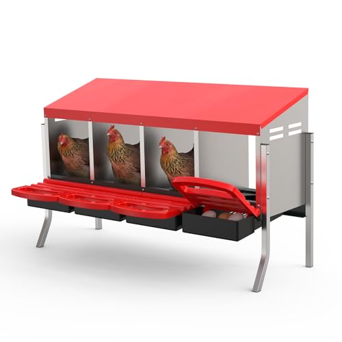 GarveeLife Chicken Nesting Box 4 Hole, Galvanized Steel Nest with Roll Away Egg Collection & Swing Perch, Easy-Clean Laying Box for Hens, Heavy Duty Design for Chicken Coop - color: Red, size: 4 holes with legs