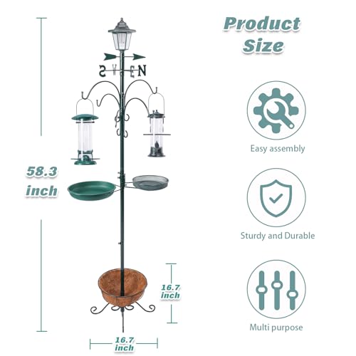 Yinns 58 Inch Outdoor Bird Feeder Pole with Bird Bath and Solar Light | Outdoor bird feeding station, 2 hanging feeders, bird bath, mesh tray, flower basket, weather vane, solar lantern - color: A-58inch Green