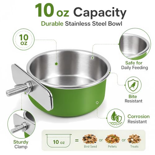 Stainless Steel Bird Bowls for Cage (8 Pack)– Green Hanging Bird Food & Water Feeder Cups with Clamp Holder, Anti-Spill Bird Cage Feeders for Parakeets, Cockatiels, Conures, Budgies & Small Animals - size: 8 pcs