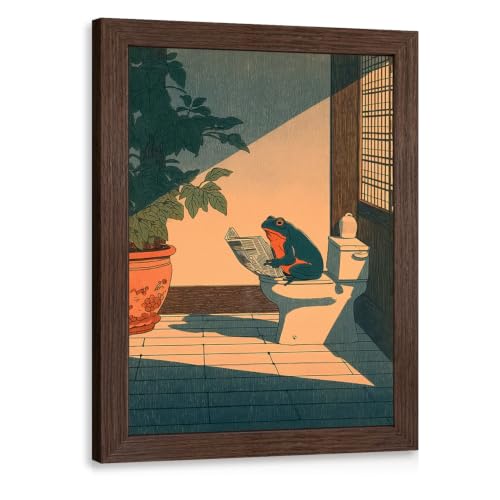 GELDSTEI Wood Framed Funny Frog Reading Vintage Bathroom Wall Art 8x10 in | Vintage Japanese Style Frog Reading On Toilet Art Print, Playful Farmhouse Wall Decor for Bathroom and Powder Room - color: Frog, size: 10"L x 8"W