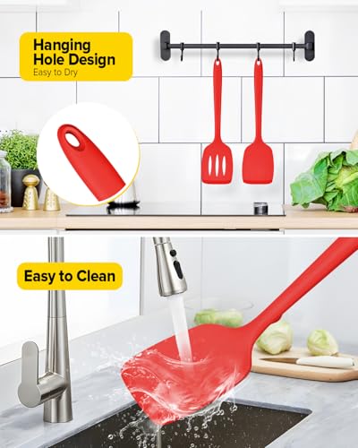 Pack of 2 Silicone Spatula Turners, Non Stick Slotted Kitchen Spatula Set, Heat Resistant BPA Free Kitchen Utensils, One-Piece Design, Suitable for Flipping Fish, Eggs, Steak, Pancakes (RED) - color: Red