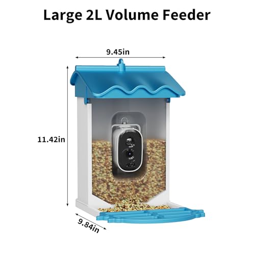 GarveeLife Smart Bird Feeder,2L Capacity,with 4K Camera & AI Recognition | Solar Powered, , Night Vision, App Alerts, Auto Capture Photos/Videos for Bird Watching - color: Blue