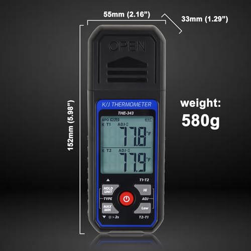 Thermocouple Thermometer Digital K/J Type with 4 K Type Thermocouple, HVAC Thermometer with Alarm & Adj Compensation, Temperature Meter -328°F ~ 2501°F Measuring Range