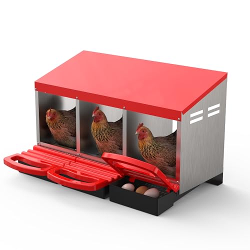 GarveeLife Chicken Nesting Box 3 Hole, Galvanized Steel Nest with Roll Away Egg Collection & Swing Perch, Easy-Clean Laying Box for Hens, Heavy Duty Design for Chicken Coop - color: Red, size: 3 holes