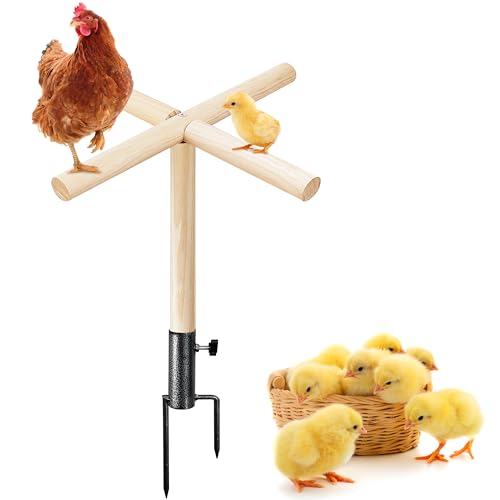 Chicken Perch Toy for Coop, Roosting Bars for Chickens in Coop, Wooden Chick Perch Stand with Metal Ground Plug, Chicken Run Toys, Chicken Coop Accessories