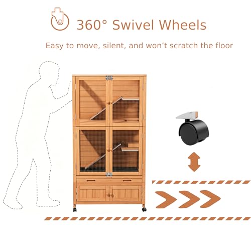 Wooden Rabbit Cage Indoor Outdoor, 2-Story Rabbit Hutch Bunny House with Chew-Proof Ramp, Leak-Proof Trays,Storage Cabinet & Wheels for Small Rabbits, Quails,Turtles(Wood2) - color: Wood2