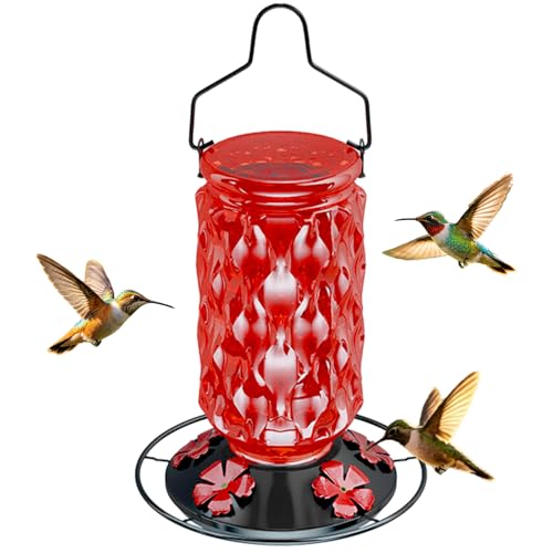 Hummingbird Feeder for Outdoors, 25OZ Hummingbird Feeder with 5 Flower Ports & Perch, Leak-Proof, Crystal Clear – Glass Hummingbird Feeders for Outdoors Hanging, Garden Decor,Gifts for Women Men (Red) - color: Red