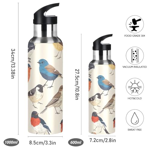 YETTASBIN Bird Water Bottle with Straw Lid 32oz Leakproof Vacuum Insulated Stainless Steel Sport Water Bottles for Gym, School, Travel