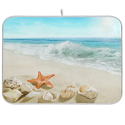 Sweetshow Summer Beach Dish Drying Mat 16 x 18 Inch Sea Wave Shells Starfish Drying Mat with High Absorbent Reversible Microfiber Kitchen Mat Dish Rack Pad Dish Drainer Mat Kitchen Counter Coffee Bar - color: beach, size: 16" x 18"
