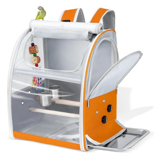 Sanmoncare Bird Carrier Backpack with 2 Adjustable Perches, Water-Repellent Parrot Travel Cage with Stainless Steel Tray, Breathable Pet Carrier for Cockatiels, Conures and Vet Visits, Orange - color: Orange