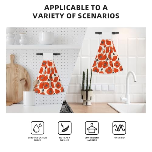Poppy Flower Hanging Kitchen Towels with Loop, Set of 2 | Soft absorbent microfiber • Quick drying • Hanging loop • Ideal for kitchen, bathroom & coffee bar - color: Red Poppy Flowers