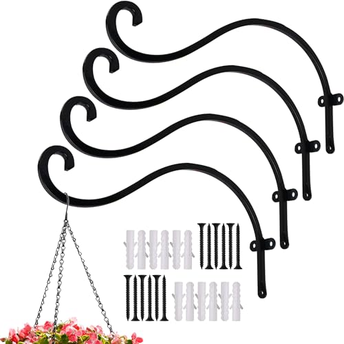 Hourleey 4 Pack Plant Hanger Outdoor, 12 Inch Heavy-Duty Hanging Plant Hook for Outside Basket, Black Metal Wall Mount Plant Bracket Hook for Flower Baskets Bird Feeder - size: 12 Inch-4 Pack