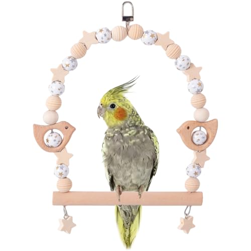 Birds Swing Parrot Hanging Toy Wooden Perch Bird Chew Toys for Love Birds,ParakeetCockatiel, Mynah, Budgerigar (Wooden Star Beads, Medium) - color: Wooden Star Beads