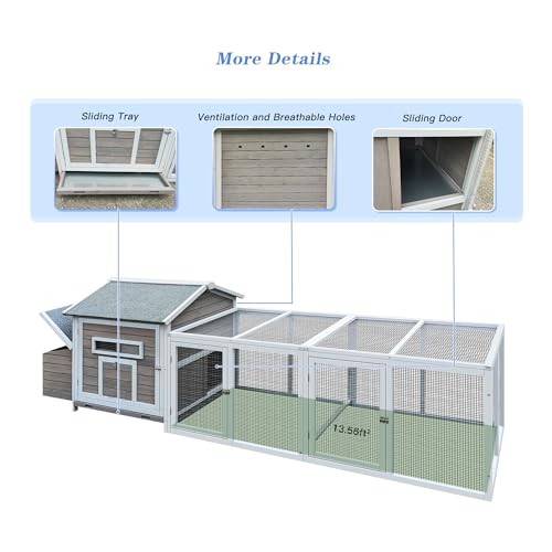 YOPTO Wooden Chicken Coop, 114 in, Outdoor Run, Gray | Solid wood, Asphalt roof, Outdoor run, 2-compartment nesting box, Pull-out tray, Ventilated design - size: 118.0"L x 27.6"W x 36.6"H