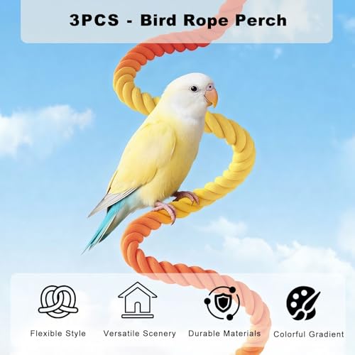 Colorful Cotton Rope Parrot Perch Set, Bendable 3-Size Cage Accessory