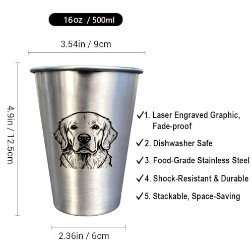 4 Pack 16oz Conical Stainless Steel Cups - Laser Engraved Animals, Stackable Durable Metal Cold Drink Cups for Parties & Outdoor Events (Dachshund/Golden Retriever/Labrador/Rottweiler) - color: Dog Set 2