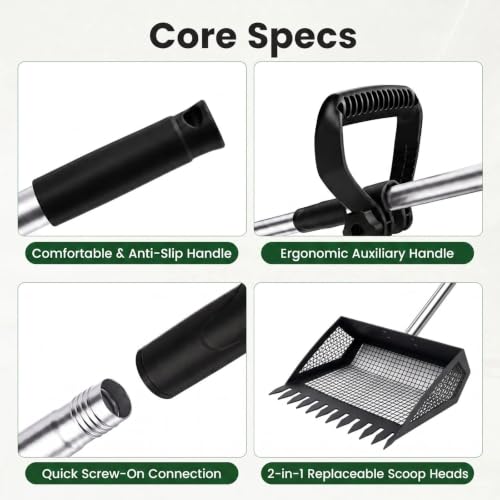 Chicken Poop Scooper & Rake 2-in-1, 10" Stainless Steel Sifting Shovel, Interchangeable Dual Heads, 5-Section Handle 24-68", 3 Angles, Includes Gloves, Heavy Duty Chicken Coop Cleaning Kit