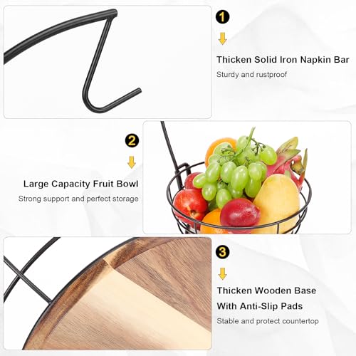 Livabber Countertop Fruit Basket Bowl with Banana Hanger, Modern Standing Fruit Vegetable Bowl Storage, with Banana Tree Holder for Kitchen Dinning Table (Round Wood, Black) - color: Black, style: Round Wood