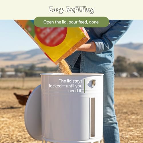 KOL 50LB Chicken Feeder & 3 Gallon Chicken Waterer Set, All-Metal 16 Port Feeder + 8 Cup Auto Waterer, No Waste, Weatherproof Poultry Feeding System Chicken Coop Accessories