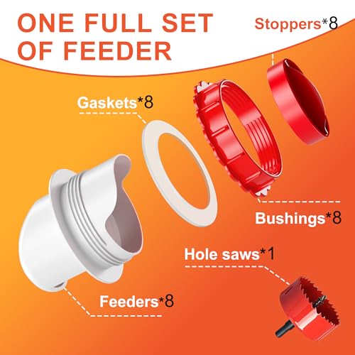 No Waste Chicken Feeders, DIY Automatic Poultry Feeder - 8 Ports Red | Buckets Barrels Bins Troughs‑mountable Design for common Breeds of Chicken Flock with Hole Saw - size: 8 Ports