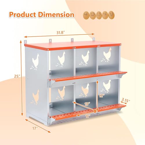6 Bay Orange Metal Nesting Box, Wall Mount Chicken Nest for Hens & Ducks, Heavy Duty Galvanized Steel with Hen-Shaped Vents & Coconut Fiber Pad, Easy Assembly (Orange/Silver) - size: 31.8” L x 17” W x 25” H
