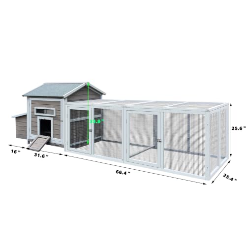 YOPTO Wooden Chicken Coop, 114 in, Outdoor Run, Gray | Solid wood, Asphalt roof, Outdoor run, 2-compartment nesting box, Pull-out tray, Ventilated design - size: 118.0"L x 27.6"W x 36.6"H