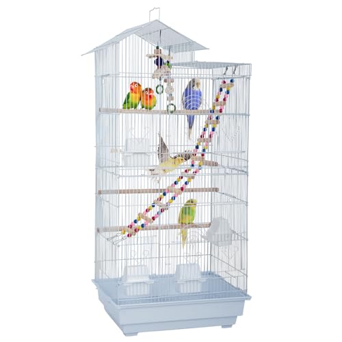 FDW 39 Inch Bird Cage Parakeet Cage with Play Top Rolling Stand & Easy Clean Pull-Out Tray Roof Top Parrot Cage for for Finches Canaries Parakeets Cockatiels & Other Small Birds, White - color: White