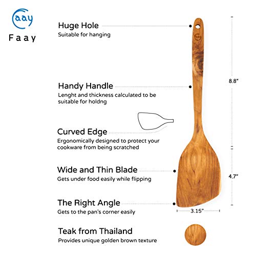 FAAY 13.5" Right-Hand Teak Spatula for Wok - Extra Wide 3.15" Head, Thin Edge Turner for Nonstick Pans, Coconut Oil Finish, Thai Handcrafted Wood - size: 13.5 Inch Stir Fry - RIGHT