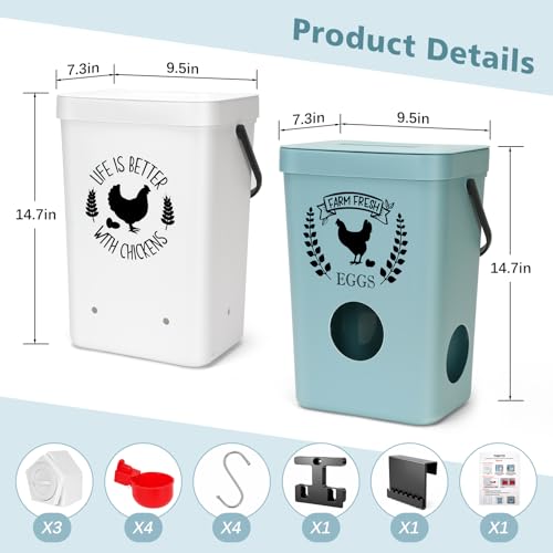 TGEYD Chicken Feeder and Waterer Set, No-Waste Hanging Feeder for Backyard Chickens, 3 Gal Waterer & 15LB Feed Bin