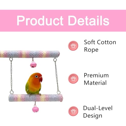Bird Swing for Cage, Dual-Layer Parakeet Swing | Rainbow Cotton Rope, Bells, Hanging Decor