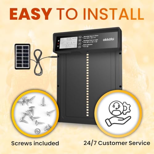 Okkobi Automatic Chicken Coop Door Solar Powered - LCD Display - Chicken Coop Door with Light Sensor & Timer - Security & Peace of Mind: Anti-Pinch Function - 5-Year Protection - Black - color: Black