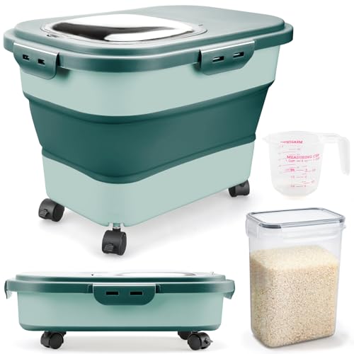 Rice Storage Containers, Collapsible 20 to 30Lbs Food Storage Bin Dispenser with Rolling Wheel and Clear Airtight Lid, BPA Free Flour, Sugar, Cereal and Dog Cat Pet food Containers - color: Green
