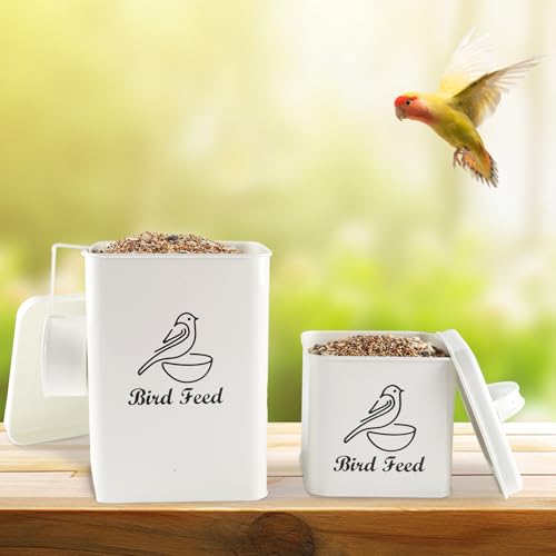 Set of 2 Metal Bird Seed Storage Container,Combined 8lbs Bird Seed Container with Scoop,Wild Bird Food Bins for Storing Sunflower Seed-Sturdy and Squirrel proof-6''x9''+5''x5''-White