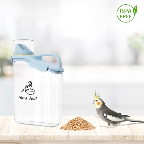 Bird Seed Storage Container,2.8L Airtight Bird Food Container with Handle and Measuring Cup,Portable Pet Food Container for Wild Bird Sunflower Seed-BPA Free Transparent/Blue - color: BLUE BIRD