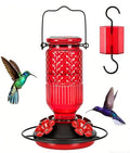 Glass Hummingbird Feeder for Outdoors Hanging, 16 oz Leak-Proof Nectar Feeder with Bee Guards & Ant Moat, 4 Metal Flower Feeding Ports, 360° Perch Ring, Easy Refill & Clean, Red - color: Red
