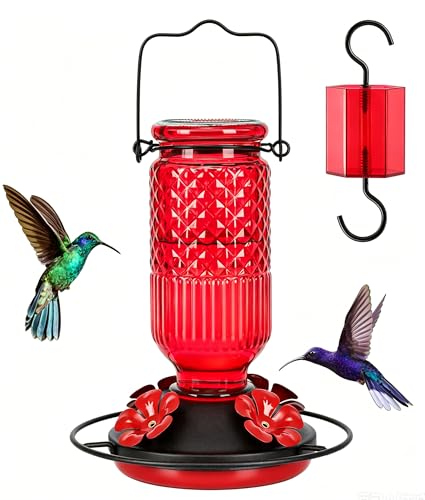 Glass Hummingbird Feeder for Outdoors Hanging, 16 oz Leak-Proof Nectar Feeder with Bee Guards & Ant Moat, 4 Metal Flower Feeding Ports, 360° Perch Ring, Easy Refill & Clean, Red - color: Red
