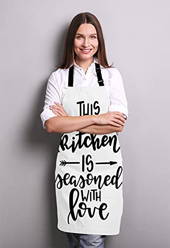 Inspirational Quote Adjustable Bib Apron, This kitchen is seasoned with love Cooking Kitchen Apron for Men Women - color: Multi Lf275