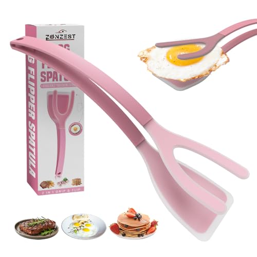 Silicone Egg Flipper Spatula Tongs (Set of 1) – Non-Stick 2-in-1 Grip & Flip Kitchen Tongs for Pancakes, Fish, Eggs, and More – Heat Resistant Cooking Tool (Pink) - color: Pink
