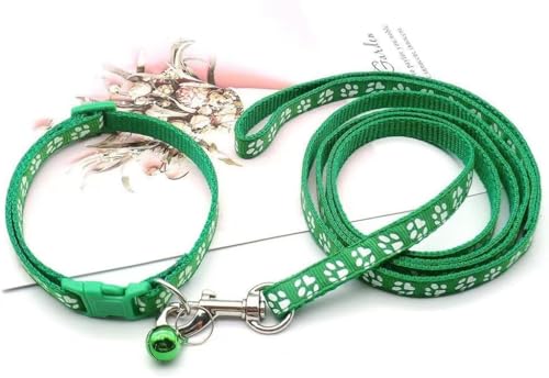 Green Pupppy Collar with Bell Leash Set, Nylon Basic Reflective Small Dog Collar Boy Paw Print for XXS Xs S Dog Kitten Pet Animal Tiny - color: Green