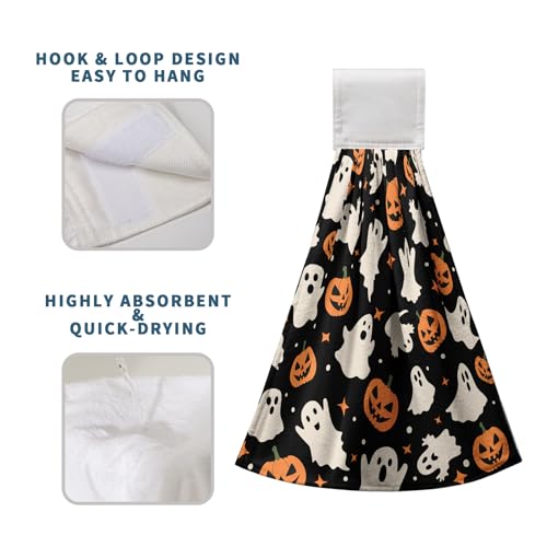 Halloween Ghost Pumpkin Hanging Kitchen Towels Set of 2 Spooky Scary Hand Towels with Hanging Loop Seasonal Holiday Oven Stove Dish Washcloths Soft Absorbent Bath Tie Towel - color: Halloween Ghost Pumpkin