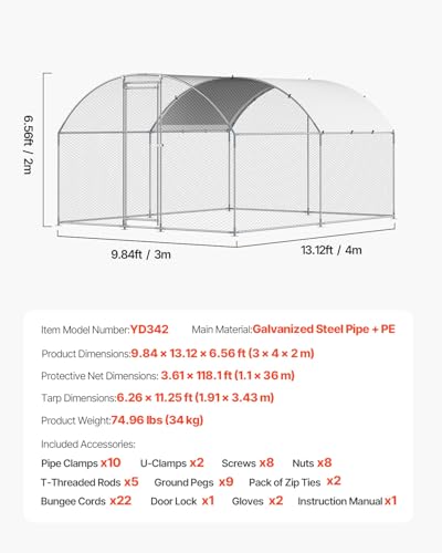 VEVOR Large Metal Chicken Coop with Run, 13.1 x 9.8 x 6.5 ft Walkin Chicken Coop for Yard with Waterproof Cover, Dome Roof Large Poultry Cage for Hen House, Duck Coop and Rabbit Run - size: 157.5"L x 118.1"W x 78.7"H