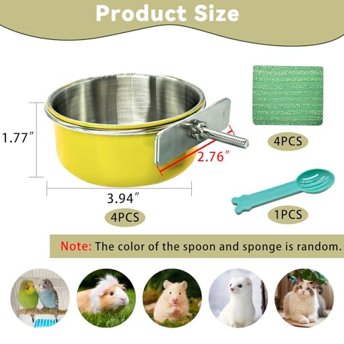 4 Pcs Parrot Feeding Dish Cups,Stainless Steel Bird Food Water Bowls | Parrot Cage Feeder with Clamp Holder Small Bird Feeding Cup for Parakeet Cockatiels Conure Budgies Chinchilla Small Animal - size: 4pcs Yellow