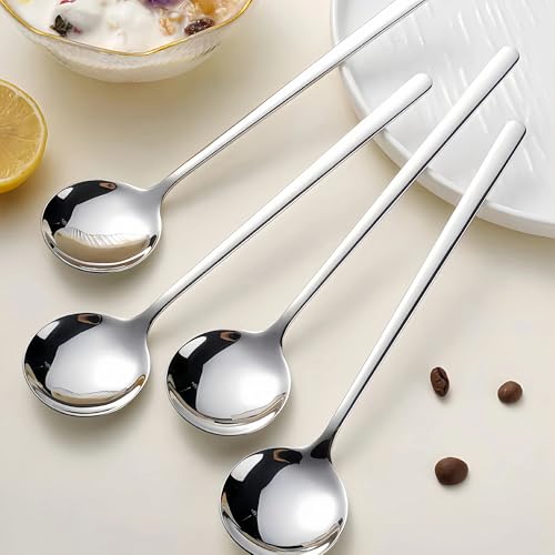 Long-handled Mirror-Finish Small Round Stainless Steel Spoon, Suitable for Scooping Bird's Nest, Honey, Coffee, Milk Powder, Sugar, Cocoa Powder and Other Foods & Desserts (6pcs 5.1", Silver) - size: 5.1in, style: 6Pcs Silver
