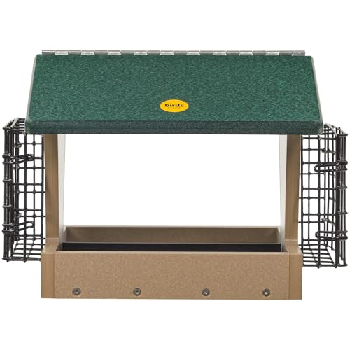 Birds Choice SN200-S Two-Sided Hopper Feeder, Recycled Bird Feeder w/Two Suet Cages, Medium, Taupe/Green | Two-Sided Recycled Plastic Feeder, Serves Seed and Suet Together, Weather-Resistant for Year-Round Feeding - style: Taupe/Green w/ Suet Cages