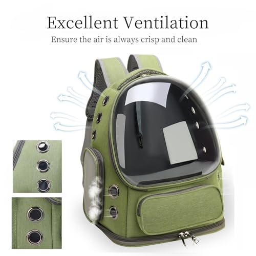 Cat Bubble Backpack,Breathable Cat Backpack Carrier Large Space Pet Travel Carrier for Kitty Small Dogs up to 15lbs,Transparent Cat Carrier for Hiking Camping Outdoor Travel (Green)