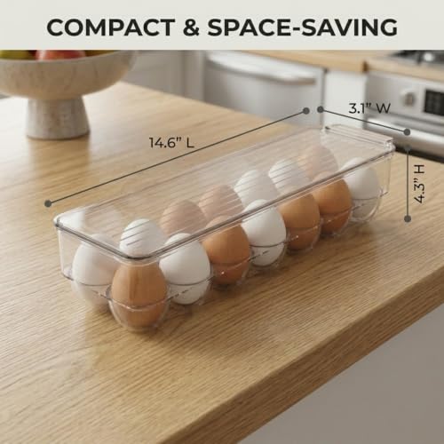 American Dream Fridge Bin Egg Holder for Refrigerator, 14-Egg Storage Container with Lid, Stackable BPA-Free Plastic Organizer Tray for Kitchen Fridge – Clear