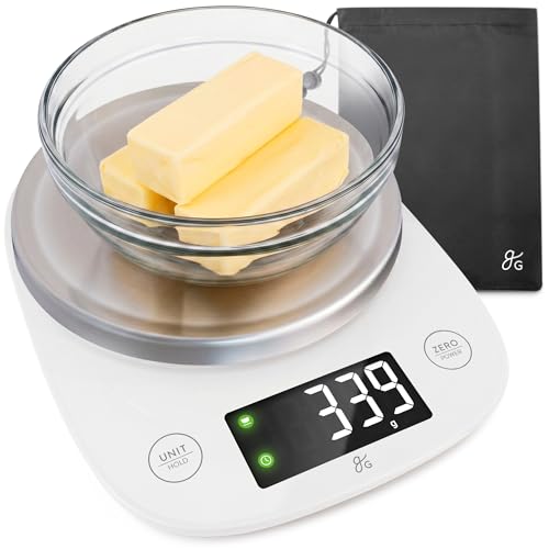 Greater Goods Digital Kitchen Scale for Baking, Sourdough, 11lb Capacity | Weigh Flour, Sugar & Batter in g, oz, ml or fl oz, Tap to Tare, Hold Function & Auto-Off, Stainless Steel Top & Storage Bag - color: White