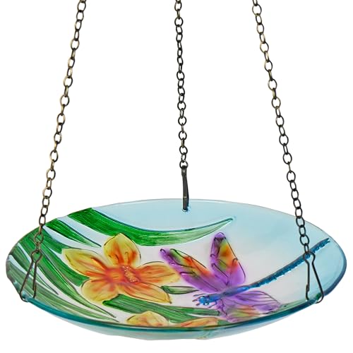 Alpine Corporation KBD158 Outdoor Hanging Glass Bird Feeder and Birdbath, Floral and Dragonfly Design with Chain, 10" W, Yellow - style: Floral and Dragonfly
