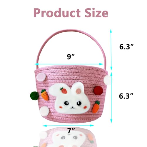 Easter Bunny Baskets for Kids, Baby Easter Empty Egg Basket with Handle, Woven Rope Cute Treasure Egg Hunt Baskets for Boys Girls Toddler, Easter Gifts, Pink ﻿ - color: Pink