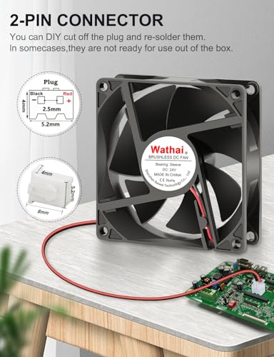 Wathai 24 Volt 80mm DC Brushless Cooling Fan 24V 2Pin 80x20mm DIY Cooler | Compatible with Inverter, 3D Printer, Amplifier, Refrigerator, Generator, Electronics Box, Computer - style: 24V Sleeve 80mm